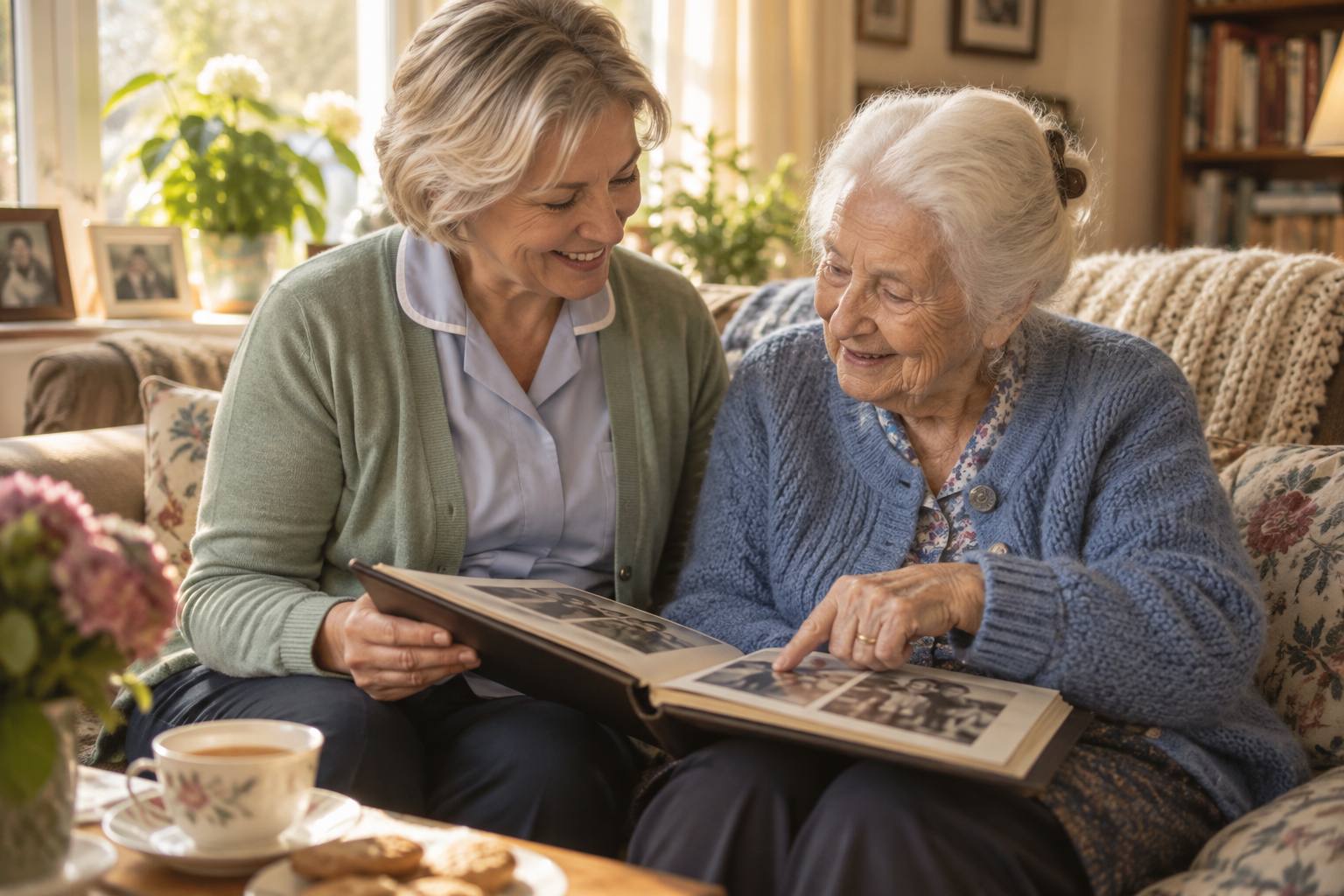 Betreuungskraft schaut mit einer Seniorin mit Demenz ein altes Fotoalbum an