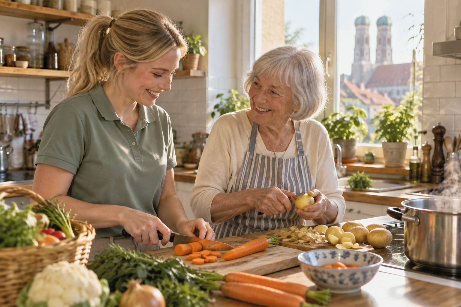 Hauswirtschaftskraft und Seniorin schneiden gemeinsam Gemüse in einer hellen Münchner Küche