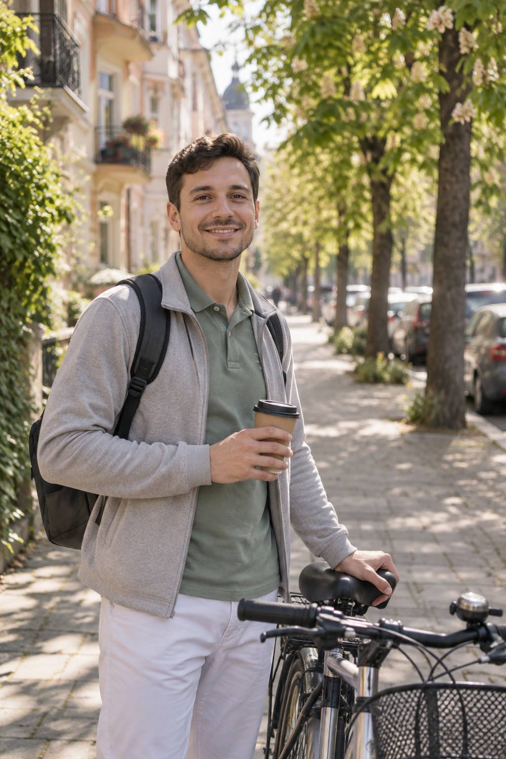 Junger Pflegefachmann mit Fahrrad und Kaffee auf einer Münchner Straße vor seiner Tour