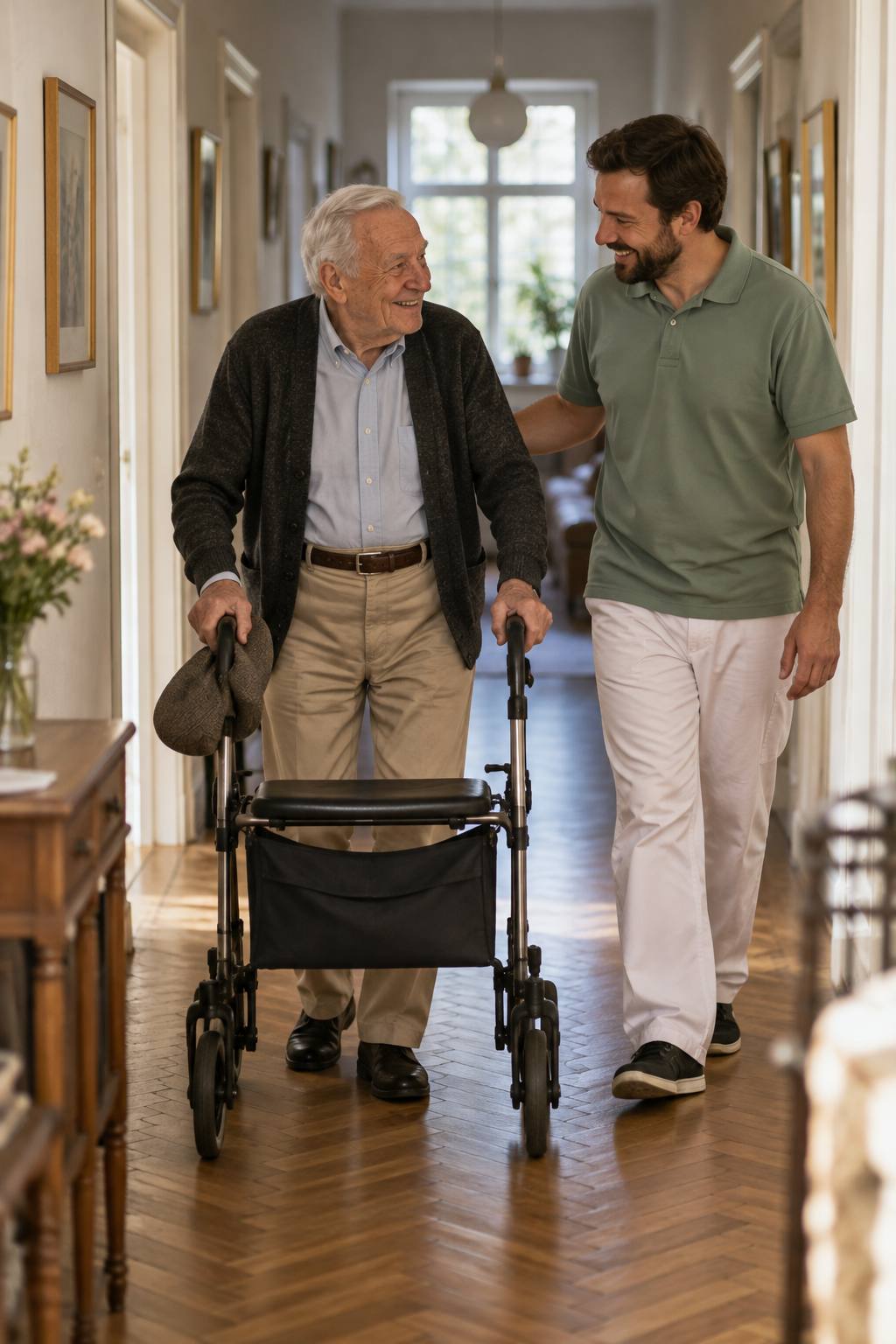 Pflegekraft begleitet einen älteren Herrn mit Rollator durch den hellen Flur seiner Münchner Wohnung