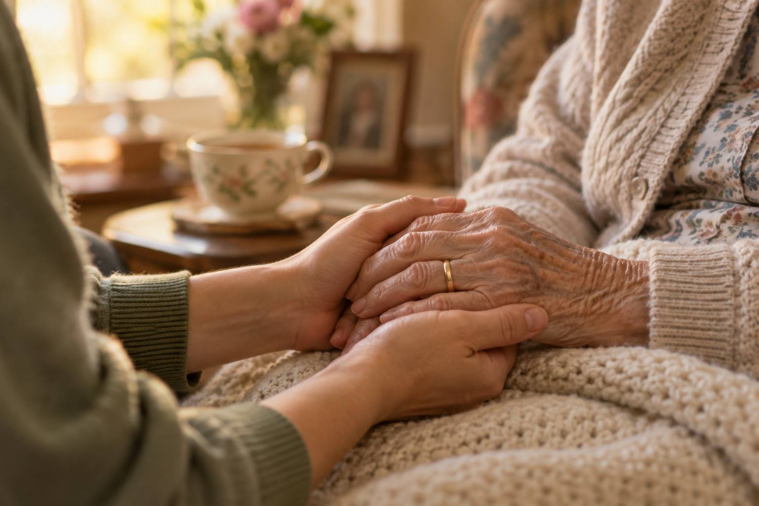 Junge Hände einer Pflegekraft halten behutsam die Hände einer älteren Frau