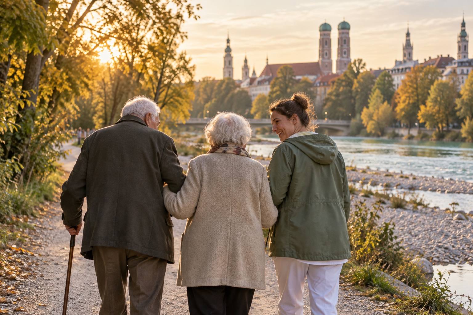 Älteres Ehepaar spaziert mit einer Betreuungskraft an der Isar in München im Herbstlicht
