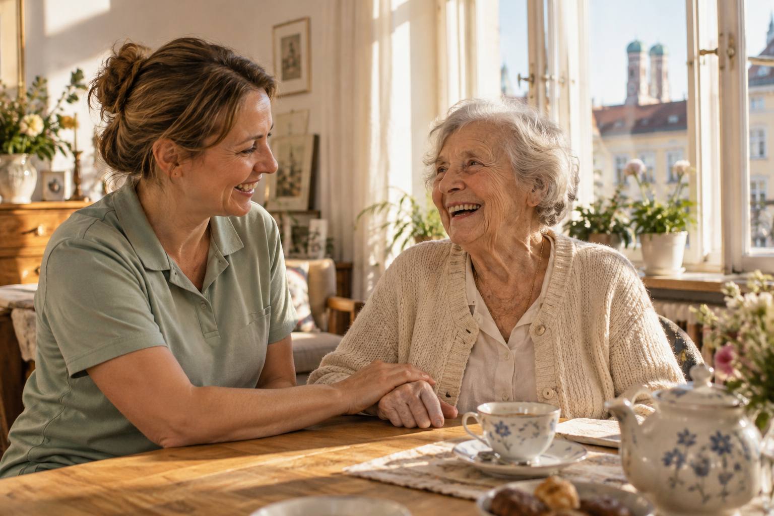 Pflegekraft des ambulanten Pflegedienstes lacht mit einer Seniorin am Küchentisch in einer hellen Münchner Altbauwohnung
