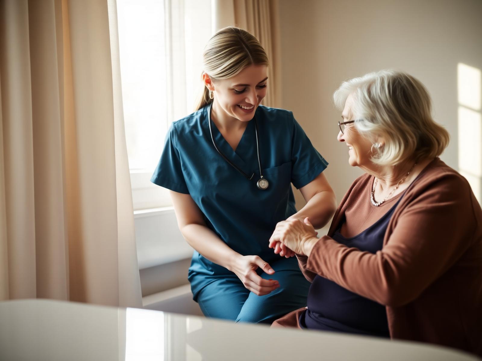 Pflegefachkraft hält vertrauensvoll die Hand einer älteren Patientin