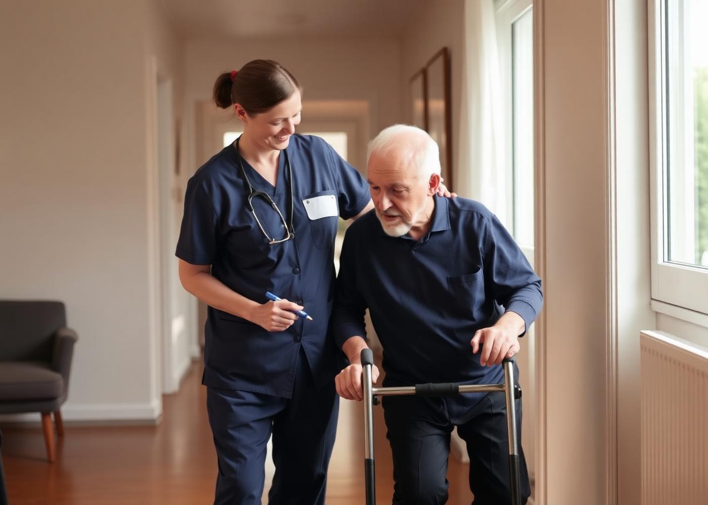 Pflegefachkraft unterstützt einen älteren Herren mit Rollator zuhause